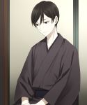  1boy black_eyes black_hair black_kimono chimachi hair_between_eyes hands_together highres japanese_clothes kimono looking_down male_focus pale_skin sash shouwa_genroku_rakugo_shinjuu sitting smile solo yuurakutei_yakumo 