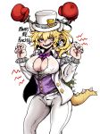  1girl absurdres babo blonde_hair blue_eyes blush bow bowser bowsette bowtie boxing_gloves bracelet breasts cleavage collar english genderswap hat highres horns jewelry mario super_mario_bros. new_super_mario_bros._u_deluxe nintendo pointy_ears ponytail spiked_bracelet spikes super_mario_bros. super_mario_odyssey tail top_hat turtle_shell tuxedo 