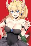  1girl :d bangs bare_shoulders black_dress black_nails blonde_hair blue_eyes blush bowsette bracelet breasts claw_pose cleavage collar collarbone commentary_request crown dress earrings eyebrows_visible_through_hair fangs genderswap genderswap_(mtf) hair_between_eyes hand_on_hip highres horns jewelry kaetzchen large_breasts long_hair looking_at_viewer super_mario_bros. nail_polish new_super_mario_bros._u_deluxe nintendo open_mouth pointy_ears ponytail red_background sharp_teeth sidelocks simple_background smile solo spiked_armlet spiked_bracelet spiked_collar spikes strapless strapless_dress super_crown teeth tsurime turtle_shell twitter_username 