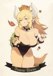 0000_(asd7083) 1girl :3 :q absurdres armlet bangs bare_shoulders black_eyes black_leotard black_nails blonde_hair blush bowsette bracelet breasts character_name cleavage collar crown earrings eyebrows_visible_through_hair fire gem highres horns jewelry large_breasts leaning_forward leotard long_hair looking_at_viewer super_mario_bros. mushroom nail_polish new_super_mario_bros._u_deluxe nintendo pointy_ears ponytail smug solo spiked_bracelet spiked_collar spikes strapless strapless_leotard super_crown super_mario_bros. tail thighs tongue tongue_out turtle_shell 