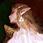  1girl armor blonde_hair earrings facing_to_the_side feather_hair_ornament feathers gem gold_earrings hair_ornament highres jewelry long_hair looking_to_the_side octahooves pointy_ears princess_zelda profile shoulder_armor sidelocks solo the_legend_of_zelda the_legend_of_zelda:_ocarina_of_time tiara triforce_earrings upper_body 