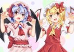  2girls :d ascot bangs bat_wings blonde_hair blue_hair blush bow breasts brooch circle claw_pose commentary_request cowboy_shot crystal dress eyebrows_visible_through_hair eyes_visible_through_hair fang flandre_scarlet frilled_shirt_collar frills grey_background hair_between_eyes hands_up hat hat_bow hat_ribbon head_tilt jewelry looking_at_viewer mob_cap multiple_girls one_side_up open_mouth pink_dress pink_hat puffy_short_sleeves puffy_sleeves red_bow red_eyes red_neckwear red_ribbon red_sash red_skirt red_vest remilia_scarlet ribbon santarou shirt short_sleeves siblings sisters skirt small_breasts smile touhou v-shaped_eyebrows vest white_hat white_shirt wings wrist_cuffs yellow_neckwear 