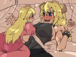  2girls @_@ bed black_dress blonde_hair blush borrowed_design bowsette bracelet breasts collar commentary crown dress elbow_gloves eyebrows genderswap genderswap_(mtf) gloves hair_between_eyes horns jewelry large_breasts long_hair looking_at_another lying super_mario_bros. multiple_girls muscle navel new_super_mario_bros._u_deluxe nintendo on_back open_mouth pillow ponytail princess_peach sharp_teeth size_difference smile spiked_bracelet spiked_collar spikes strapless strapless_dress super_crown super_mario_bros. sweat tama_two_(fukuya) teeth white_gloves yuri 