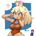  1boy 1girl artist_request bangs bare_shoulders blonde_hair blue_eyes breasts brooch closed_mouth crown dress earrings fangs fangs_out frown gloves goomba hands_on_own_face jewelry long_hair looking_up mario super_mario_bros. medium_breasts new_super_mario_bros._u_deluxe nintendo orange_gloves ponytail sleeveless sleeveless_dress source_request super_crown super_mario_bros. 