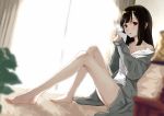  1girl ashiya_hiro bangs bare_legs bare_shoulders barefoot bed black_hair blurry blurry_background coffee_mug collarbone commentary_request cup day depth_of_field grey_jacket highres holding holding_cup jacket long_hair looking_at_viewer mug on_bed open_clothes open_jacket original parted_lips pillow red_eyes sleeves_past_wrists solo steam strap_slip sunlight tank_top toenails white_tank_top window 