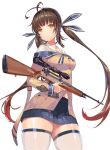  1girl antenna_hair battle_rifle brown_eyes brown_hair cowboy_shot girls_frontline gun hair_ribbon highres hinako_(anzu15) long_hair long_sleeves looking_at_viewer m14 m14_(girls_frontline) navel pleated_skirt ribbon rifle sailor_collar simple_background skindentation skirt solo thigh-highs twintails very_long_hair weapon white_background white_legwear zettai_ryouiki 