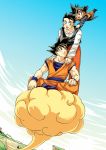  3boys :d black_eyes black_hair boots brothers clouds cloudy_sky commentary day dougi dragon_ball dragonball_z father_and_son fingernails flying flying_nimbus hands_on_another&#039;s_shoulders legs_crossed light_smile long_sleeves looking_at_another looking_back looking_up male_focus multiple_boys open_mouth outdoors pants pinki_(shounenkakuseiya) red_pants shaded_face shirt short_hair siblings sitting sky smile son_gohan son_gokuu son_goten spiky_hair standing waistcoat white_shirt wristband 