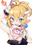  1girl blonde_hair blue_eyes blush bowser_jr. bowsette breasts crown fire hand_up super_mario_bros. new_super_mario_bros._u_deluxe nintendo open_mouth pointy_ears simple_background small_breasts solo super_crown sweatdrop tousaki_shiina upper_body white_background younger 