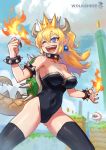  1girl blonde_hair bowsette bracelet breasts breathing_fire cleavage collar covered_navel crown fangs fingernails fire gluteal_fold highres horns jewelry leotard long_fingernails long_hair super_mario_bros. nintendo open_mouth shell smile solo spiked_bracelet spiked_collar spikes super_mario_bros. tail thigh-highs violet_eyes wox 