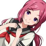  1girl bangs black_sailor_collar closed_mouth commentary_request eyebrows_visible_through_hair face hands_up hiura_akane huyumitsu long_hair looking_at_viewer neckerchief pink_hair red_neckwear sailor_collar school_uniform serafuku smile solo swept_bangs twintails upper_body violet_eyes world_trigger 