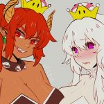  2girls blush bowsette breasts cleavage dark_skin fang highres horns large_breasts super_mario_bros. multiple_girls new_super_mario_bros._u_deluxe nintendo pale_skin princess_king_boo red_eyes redhead sharp_teeth super_crown teeth violet_eyes white_hair 