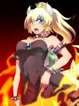  1girl absurdres armlet bangs bare_shoulders black_dress blonde_hair blue_eyes bowsette bracelet breasts cleavage collar dress dress_lift fire frown gem highres horns jewelry large_breasts lifted_by_self long_hair looking_at_viewer new_super_mario_bros._u_deluxe open_mouth ponytail solo spiked_bracelet spiked_collar spikes strapless strapless_dress super_crown tail torn_clothes torn_dress turtle_shell yasu_(pixiv) 