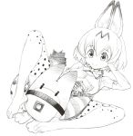  1girl animal_ears bow bowtie breasts closed_mouth elbow_gloves eyebrows_visible_through_hair gloves greyscale hair_between_eyes high-waist_skirt hounyouin kemono_friends lucky_beast_(kemono_friends) lying medium_breasts monochrome on_back serval_(kemono_friends) serval_ears serval_print serval_tail shirt sketch skirt sleeveless sleeveless_shirt smile spread_legs tail thigh-highs 