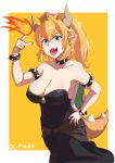  1girl bare_shoulders black_dress blonde_hair blue_eyes bowsette bracelet breasts cleavage collar collarbone crown dress earrings fire hand_on_hip highres horns index_finger_raised jefflink jewelry large_breasts looking_at_viewer super_mario_bros. new_super_mario_bros._u_deluxe nintendo open_mouth pointy_ears ponytail sharp_teeth short_hair solo spiked_armlet spiked_bracelet spiked_collar spikes super_mario_bros. tail teeth twitter_username yellow_background 
