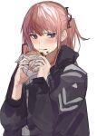  1girl bangs black_jacket blush burger eating food girls_frontline highres holding holding_food jacket long_hair long_sleeves looking_at_viewer pink_hair purple_hair ra_9rara simple_background solo st_ar-15_(girls_frontline) upper_body violet_eyes white_background 