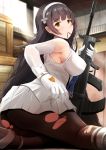  1girl armpits ass assault_rifle bangs black_hair black_legwear blush breasts bullpup closed_mouth covered_nipples dust_particles elbow_gloves eyebrows_visible_through_hair flower from_behind girls_frontline gloves gun hair_flower hair_in_mouth hair_ornament hairband high_heels holding holding_weapon indoors kanzaki_kureha kneeling large_breasts light long_hair looking_at_viewer looking_back pantyhose pleated_skirt qbz-95 qbz-95_(girls_frontline) rifle shirt sidelocks skirt sleeveless sleeveless_shirt smile solo sunlight thigh-highs torn_clothes torn_pantyhose very_long_hair weapon white_footwear white_gloves white_hairband white_shirt white_skirt window yellow_eyes 