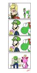  1girl 2boys 4koma :d bare_shoulders birdo blonde_hair bowsette bracelet breasts cleavage closed_eyes collar comic face_in_hands fang gapangman gloves green_hat hand_on_another&#039;s_head hat highres jewelry luigi mario super_mario_bros. multiple_boys new_super_mario_bros._u_deluxe nintendo on_bench open_mouth outdoors red_hat sitting smile spiked_armlet spiked_bracelet spiked_collar spikes standing super_crown suspenders upper_body white_background white_gloves yoshi 