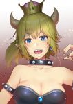  1girl :d black_dress black_nails blonde_hair blue_eyes bowsette bracelet breasts cleavage collar crown daidai_jamu dress earrings fingernails gem hand_up highres horns jewelry large_breasts looking_at_viewer super_mario_bros. nail_polish nintendo open_mouth pointy_ears sharp_fingernails sharp_teeth skindentation smile solo spiked_bracelet spiked_collar spikes super_crown super_mario_bros. teeth upper_body 