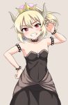  1girl arm_up bangs bare_shoulders black_dress blush bowsette bracelet breasts brown_background claw_pose collar collarbone commentary_request covered_navel crown dress eyebrows_visible_through_hair fingernails flo grin hair_between_eyes hand_on_hip high_ponytail horns jewelry leaning_to_the_side super_mario_bros. mini_crown new_super_mario_bros._u_deluxe nintendo ponytail red_eyes simple_background small_breasts smile solo spiked_bracelet spiked_collar spikes strapless strapless_dress super_crown 