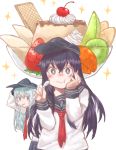  +_+ 2girls akatsuki_(kantai_collection) anchor_symbol az_toride black_hair black_sailor_collar black_skirt blue_eyes cherry eating flat_cap food fruit hand_on_own_face hat hibiki_(kantai_collection) holding holding_spoon kantai_collection long_hair looking_at_viewer mouth_hold multiple_girls neckerchief pleated_skirt pudding red_neckwear sailor_collar school_uniform serafuku silver_hair simple_background skirt sparkle spoon upper_body violet_eyes white_background 