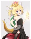  1girl :d absurdres agung_syaeful_anwar bangs bare_shoulders black_dress black_legwear black_nails blonde_hair blue_eyes blush bowsette breasts collar collarbone commentary_request crown dress eyebrows_visible_through_hair fang fingernails fire grey_background hair_between_eyes hand_on_hip head_tilt highres horns looking_at_viewer super_mario_bros. mini_crown nail_polish new_super_mario_bros._u_deluxe nintendo open_mouth small_breasts smile solo spiked_collar spiked_shell spiked_tail spikes strapless strapless_dress super_crown tail thigh-highs turtle_shell two-tone_background v-shaped_eyebrows white_background 