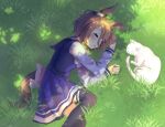  1girl animal_ears black_thighhighs blush bow bowtie brown_hair cat closed_eyes feet_out_of_frame grass highres horse_ears horse_girl horse_tail long_sleeves lying milch_puyo narita_taishin_(umamusume) on_side open_mouth outdoors purple_shirt purple_skirt sailor_collar shade shirt short_hair skirt sleeping solo tail thigh-highs umamusume 
