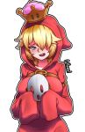  1girl arm_belt artist_name blonde_hair blue_eyes blush hair_over_one_eye highres looking_at_viewer super_mario_bros. mask mask_removed new_super_mario_bros._u_deluxe nintendo open_mouth oppaihobby red_hood shy_guy sleeves_past_fingers sleeves_past_wrists solo standing super_crown 