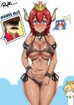  1girl absurdres bare_shoulders bikini blue_eyes blush bowsette bracelet breasts cleavage collar crown dark_skin dress earrings face_of_the_people_who_sank_all_their_money_into_the_fx highres horns jewelry large_breasts looking_at_viewer mario super_mario_bros. navel nintendo ponytail redhead ryle smile spiked_bracelet spiked_collar spikes super_crown swimsuit 