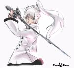  1girl blue_eyes closed_mouth high_collar highres holding holding_sword holding_weapon jacket lavender_background left-handed long_hair long_sleeves myrtenaster ponytail rapier rwby side_ponytail signature solo sword teruchan weapon weiss_schnee white_hair wide_sleeves 