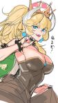  1girl :d blonde_hair blue_eyes bowsette bracelet breasts brown_dress crown dress hand_up highres jewelry large_breasts looking_at_viewer super_mario_bros. new_super_mario_bros._u_deluxe nintendo open_mouth ponytail sharp_teeth simple_background sketch smile solo spiked_bracelet spikes strapless strapless_dress super_crown teeth tetsu_(kimuchi) white_background 