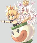 2girls :d bare_shoulders black_dress blonde_hair blue_eyes blush boo bowsette bracelet brooch collar commentary_request crown dress earrings eyebrows_visible_through_hair fang gloves hair_between_eyes horns jewelry kolshica long_hair looking_at_viewer luigi&#039;s_mansion multiple_girls new_super_mario_bros._u_deluxe nintendo open_mouth pointing princess_king_boo sharp_teeth short_hair simple_background smile spiked_bracelet spiked_collar spikes super_crown super_mario_bros. tail teeth tongue tongue_out violet_eyes white_dress white_gloves white_hair younger