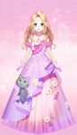  1girl :d animal bangs bare_shoulders blonde_hair blush cat commentary_request copyright_request detached_sleeves dress fairy_wings flower forehead full_body gloves gradient gradient_wings green_eyes highres long_hair looking_at_viewer momoshiki_tsubaki multicolored multicolored_wings open_mouth parted_bangs pink_background pink_gloves pleated_dress princess purple_dress purple_flower purple_rose purple_wings rose single_hair_intake smile solo standing strapless strapless_dress virtual_youtuber white_flower white_rose wings yellow_wings 