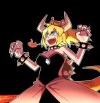  1girl :d aqua_eyes armpits bangs bare_arms bare_shoulders black_background black_collar black_dress blonde_hair blue_earrings borrowed_design bowsette bracelet breasts breathing_fire claw_pose cleavage collar collarbone crown dress earrings eyelashes fingernails fire hands_up horns jewelry large_breasts long_fingernails long_hair super_mario_bros. new_super_mario_bros._u_deluxe nintendo open_mouth outline parted_bangs ponytail rodney scales sharp_fingernails sharp_teeth simple_background slit_pupils smile solo spiked_bracelet spiked_collar spikes strapless strapless_dress super_crown tail teeth turtle_shell upper_teeth v-shaped_eyebrows white_outline 