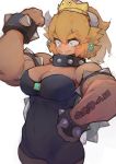  1girl black_dress blonde_hair blue_eyes bowsette bracelet clenched_hands collar dress drooling earrings eyebrows_visible_through_hair fang flexing genderswap genderswap_(mtf) hand_on_hip highres horns jewelry super_mario_bros. muscle muscular_female new_super_mario_bros._u_deluxe nintendo ponytail pose sidelocks simple_background spiked_armlet spiked_bracelet spiked_collar spiked_shell spikes super_crown tearing_up tekito03 thick_eyebrows transformation turtle_shell white_background 