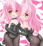  2girls :d :o animal_ears bangs bare_shoulders black_gloves black_leotard black_neckwear blush bow bowtie breasts brown_legwear bunny_girl bunny_tail bunnysuit commentary_request detached_collar elbow_gloves eyebrows_visible_through_hair gloves hair_between_eyes hair_over_one_eye hand_holding highres interlocked_fingers kanijiru leaning_forward leotard long_hair medium_breasts multiple_girls open_mouth original pantyhose pink_hair rabbit_ears small_breasts smile strapless strapless_leotard tail twitter_username very_long_hair white_collar yellow_eyes 