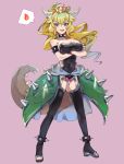  1girl armlet bangs bare_shoulders black_dress black_nails blonde_hair blue_eyes borrowed_design bowsette bracelet breasts collar covered_navel crossed_arms crown dress fang fire full_body genderswap genderswap_(mtf) gimnang hair_between_eyes highres horns jewelry large_breasts leotard long_hair looking_at_viewer super_mario_bros. nail_polish new_super_mario_bros._u_deluxe nintendo open_mouth ponytail purple_background simple_background smile solo speech_bubble spiked_anklet spiked_bracelet spiked_collar spikes standing strapless strapless_dress super_crown tail thigh-highs turtle_shell 