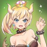  1girl bare_shoulders black_dress blonde_hair blue_brooch blue_earrings blue_eyes bowsette bracelet breasts claw_pose cleavage collar collarbone crown dress fangs fingernails glint gradient gradient_background green_background hair_between_eyes horns jewelry large_breasts long_fingernails looking_at_viewer super_mario_bros. mini_crown nintendo nyanafk open_mouth ponytail sparkle spiked_armlet spiked_bracelet spiked_collar spiked_tail spikes strapless strapless_dress super_crown upper_body v-shaped_eyebrows 