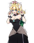  1girl :d artist_name bare_shoulders black_dress blonde_hair blue_eyes blush bowsette bracelet breasts collar commentary crown dress earrings eyebrows_visible_through_hair fang hands_up highres horns jewelry large_breasts looking_at_viewer super_mario_bros. new_super_mario_bros._u_deluxe nintendo open_mouth pointy_ears ponytail savi_(byakushimc) simple_background smile solo spiked_bracelet spiked_collar spiked_shell spikes strapless strapless_dress super_crown super_mario_bros. thick_eyebrows turtle_shell v-shaped_eyebrows white_background 