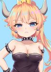  1girl bangs bare_shoulders black_dress blonde_hair blue_background blue_eyes blush bowsette bracelet breasts cleavage closed_mouth collar collarbone commentary_request crown dress eyebrows_visible_through_hair fang fang_out hair_between_eyes hand_on_hip high_ponytail horns jewelry long_hair looking_at_viewer super_mario_bros. medium_breasts mini_crown new_super_mario_bros._u_deluxe nintendo ponytail satori_(ymoy) simple_background solo spiked_bracelet spiked_collar spikes strapless strapless_dress super_crown upper_body 