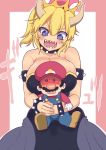  1boy 1girl black_dress blue_eyes blush borrowed_design bowsette bracelet breasts choker cool-kyou_shinja crown dress facial_hair highres horns hug hug_from_behind jewelry large_breasts looking_at_another mario super_mario_bros. mini_crown mustache new_super_mario_bros._u_deluxe nintendo open_mouth pointy_ears sharp_teeth slit_pupils spiked_armlet spiked_bracelet spiked_choker spikes super_crown super_mario_bros. teeth 