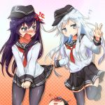  3girls akatsuki_(kantai_collection) amiable anchor_symbol black_legwear black_skirt blood blue_eyes blush breasts eyebrows_visible_through_hair food hair_between_eyes hat headgear hibiki_(kantai_collection) highres ice_cream kantai_collection long_hair long_sleeves looking_at_viewer miniskirt multiple_girls neckerchief open_mouth pantyhose purple_hair red_neckwear sailor_collar sailor_hat school_uniform serafuku silver_hair skirt small_breasts thigh-highs violet_eyes 