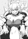  1girl arm_rest bowsette breasts cleavage collar gem genderswap genderswap_(mtf) grey_background greyscale grin horns super_mario_bros. monochrome muscle muscular_female new_super_mario_bros._u_deluxe nintendo ponytail sidelocks sigama simple_background smile solo spiked_collar spiked_shell spikes super_crown white_background 