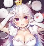  ! 1girl blush boo breasts cleavage covering_eyes crown dress embarrassed eyebrows_visible_through_hair fang gloves hands_up large_breasts long_hair looking_at_viewer new_super_mario_bros._u_deluxe open_mouth princess_king_boo puffy_short_sleeves puffy_sleeves red_eyes sazaki_ichiri short_sleeves silver_hair solo super_crown upper_body white_dress white_gloves 