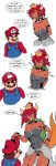  &gt;:) 1boy 1girl abs artist_name bare_shoulders batman_(series) blue_eyes bowsette bracelet breasts brown_hair buttpants collar collarbone crown dark_skin earrings english facial_hair fang gloves grin hand_on_hip hat highres horns jewelry leotard long_hair mario super_mario_bros. meme muscle muscular_female mustache nintendo open_mouth orange_eyes overalls ponytail redhead sharp_teeth shell simple_background smile spiked_bracelet spiked_collar spikes super_crown tail teeth the_dark_knight_rises white_background 