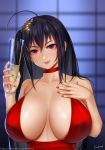  1girl ahoge alcohol azur_lane bangs bare_shoulders black_hair blush breasts cleavage collarbone cup dress drinking_glass easonx hair_between_eyes hair_ornament highres holding holding_cup large_breasts lips long_hair looking_at_viewer red_dress red_eyes shiny shiny_hair shiny_skin smile solo taihou_(azur_lane) very_long_hair wine wine_glass 