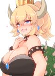  10eki_(tenchou) 1girl absurdres bare_shoulders black_dress blonde_hair blue_eyes blush bowsette bracelet breasts collar collarbone crown dress earrings eyebrows_visible_through_hair gem heart highres horns jewelry large_breasts super_mario_bros. new_super_mario_bros._u_deluxe nintendo ponytail sharp_teeth spiked_armlet spiked_bracelet spiked_collar spikes teeth turtle_shell upper_body 