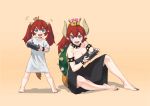  &gt;:d 2girls armlet bare_shoulders barefoot black_dress black_nails blue_eyes bowsette bowsette_jr. bracelet breasts cleavage collar controller crown dress eyebrows feet full_body game_controller gamepad highres horns jewelry kndy large_breasts long_hair super_mario_bros. mother_and_daughter multiple_girls nail_polish new_super_mario_bros._u_deluxe nintendo nintendo_switch playing_games pointy_ears ponytail redhead sharp_teeth shirt simple_background sitting spiked_bracelet spiked_collar spikes standing strapless strapless_dress super_crown t-shirt tail teeth toenail_polish toes turtle_shell twintails white_shirt wireless 