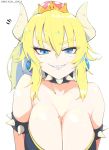  1girl bare_shoulders black_dress blonde_hair blue_eyes boca bowsette breasts collar crown dress earrings highres horns jewelry large_breasts long_hair looking_at_viewer mole mole_on_breast new_super_mario_bros._u_deluxe parted_lips ponytail sharp_teeth smug spiked_collar spikes strapless strapless_dress super_crown teeth twitter_username upper_body white_background 