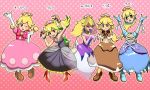  5girls :o ;) arm_up armless black_dress black_sclera blue_footwear bowsette bracelet breasts bridal_gauntlets brown_dress brown_footwear crescent crescent_earrings dress dry_bones earrings fang ghost_tail gloves goomba hands_up heart heart-shaped_pupils high_heels highres jewelry long_hair super_mario_bros. multiple_girls new_super_mario_bros._u_deluxe nintendo one_eye_closed peachette pink_background pink_dress polka_dot polka_dot_background ponytail pose princess_king_boo purple_dress purple_gloves red_footwear simple_background small_breasts smile spiked_bracelet spikes super_crown symbol-shaped_pupils twintails violet_eyes wwwguramo yellow_eyes yellow_legwear 
