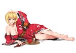  1girl ahoge blonde_hair braid breasts eyebrows_visible_through_hair fate/extra fate/grand_order fate_(series) french_braid green_eyes hand_on_own_head japanese_clothes kimono large_breasts lying nero_claudius_(fate) nero_claudius_(fate)_(all) on_side ry_zettai sash short_hair signature simple_background solo white_background 